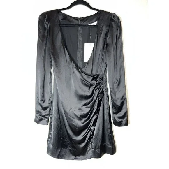 𝅺GRLFRND Button-front Mini Silky Dress NEW NWTS Long Sleeve Wrap Front Small D1 - Picture 2 of 8